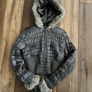 Bebe Grey Puffer Jacket with Rabbit Fur Trim